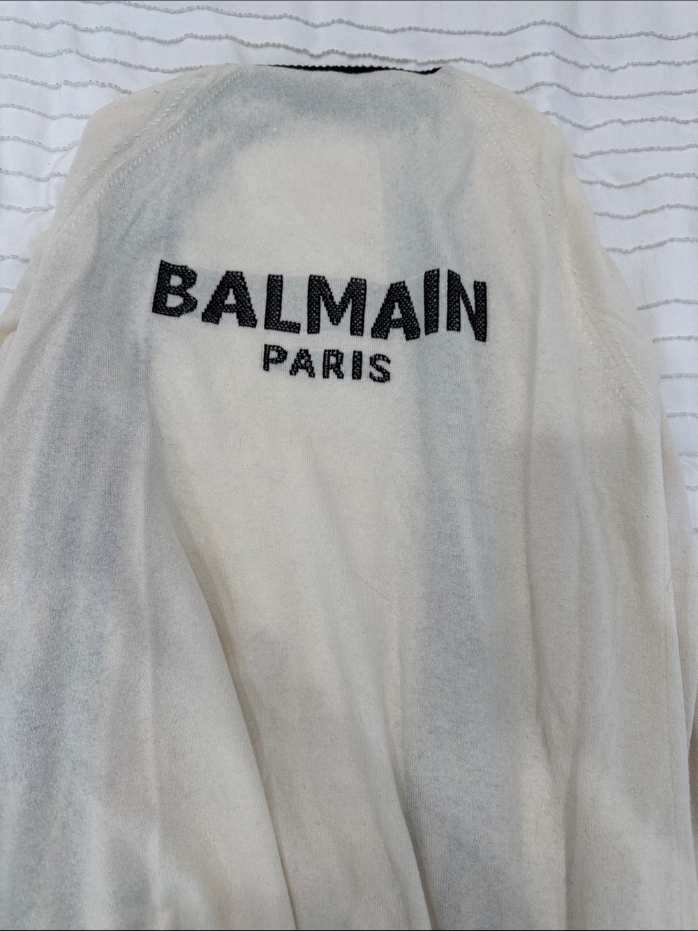 Balmain Cream cashmere long cardigan with Black Logo on back and gold buttons